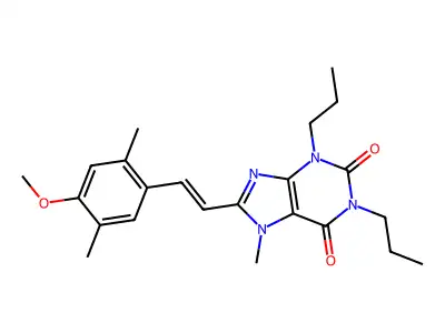 (E)-8-(4-Methoxy-2,5-dimethylstyryl)-7-methyl-1,3-dipropylxanthine structure