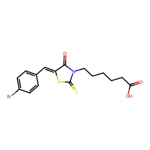 6-[(5Z)-5-[(4-bromophenyl)methylidene]-4-oxo-2-sulfanylidene-1,3-thiazolidin-3-yl]hexanoic acid structure