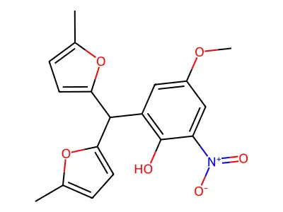 2-[Bis(5-methylfuran-2-yl)methyl]-4-methoxy-6-nitrophenol structure