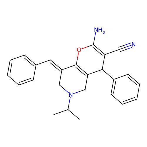 (8E)-2-AMINO-4-PHENYL-8-(PHENYLMETHYLIDENE)-6-(PROPAN-2-YL)-4H,5H,6H,7H,8H-PYRANO[3,2-C]PYRIDINE-3-CARBONITRILE structure