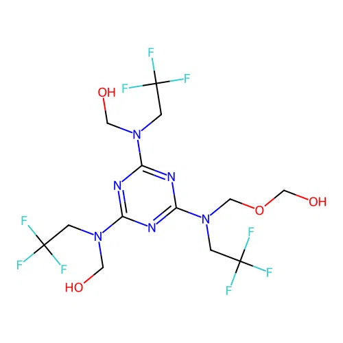 [(4-{[(hydroxymethoxy)methyl](2,2,2-trifluoroethyl)amino}-6-[(hydroxymethyl)(2,2,2-trifluoroethyl)amino]-1,3,5-triazin-2-yl)(2,2,2-trifluoroethyl)amino]methanol structure