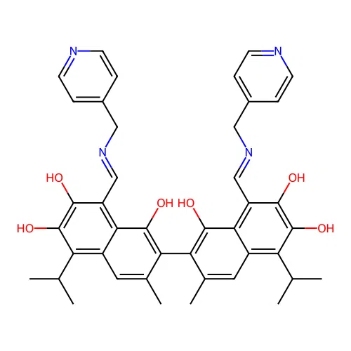 (1Z)-7-[(8Z)-1,6-dihydroxy-3-methyl-7-oxo-5-propan-2-yl-8-[(pyridin-4-ylmethylamino)methylidene]naphthalen-2-yl]-3,8-dihydroxy-6-methyl-4-propan-2-yl-1-[(pyridin-4-ylmethylamino)methylidene]naphthalen-2-one structure