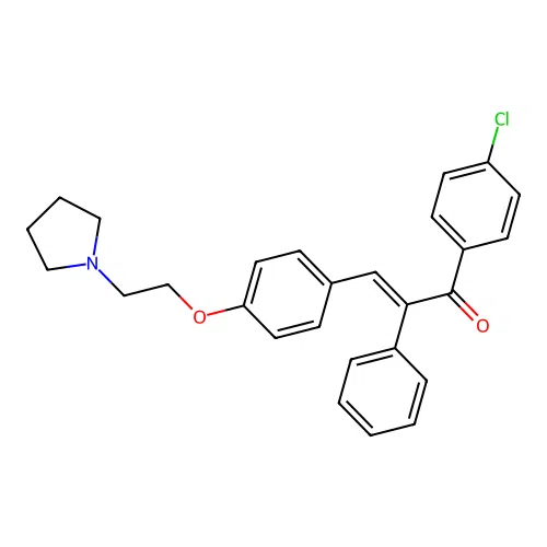 (E)-1-(4-chlorophenyl)-2-phenyl-3-[4-(2-pyrrolidin-1-ylethoxy)phenyl]prop-2-en-1-one structure