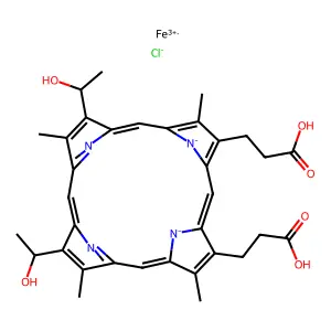 3-[18-(2-carboxyethyl)-8,13-bis(1-hydroxyethyl)-3,7,12,17-tetramethylporphyrin-21,24-diid-2-yl]propanoic acid; iron(3+); chloride structure