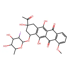 5,12-Naphthacenedione, 8-acetyl-10-((2,6-dideoxy-2-iodo-alpha-L-talopyranosyl)oxy)-7,8,9,10-tetrahydro-6,8,11-trihydroxy-1-methoxy-, (8S-cis)- structure