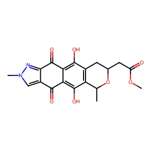 methyl 2-(11-hydroxy-2,6-dimethyl-4,5,10-trioxo-1,6,8,9-tetrahydroisochromeno[7,6-f]indazol-8-yl)acetate structure