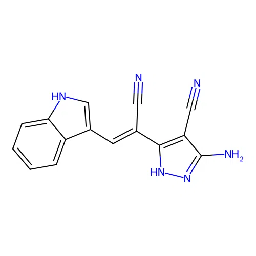 3-Amino-5-[1-cyano-2-(1H-indol-3-yl)ethenyl]-1H-pyrazole-4-carbonitrile structure