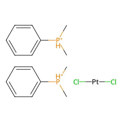 Dichloroplatinum;bis(dimethyl(phenyl)phosphanium) structure