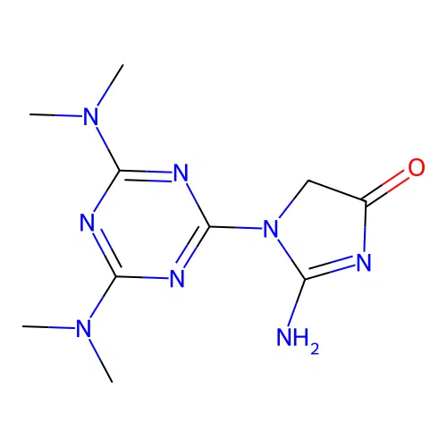 1-[4,6-Bis(dimethylamino)-1,3,5-triazin-2-yl]-2-iminoimidazolidin-4-one structure