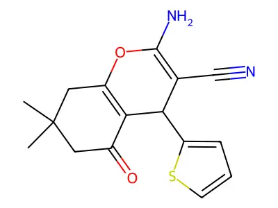 2-amino-7,7-dimethyl-5-oxo-4-(thiophen-2-yl)-5,6,7,8-tetrahydro-4H-chromene-3-carbonitrile structure