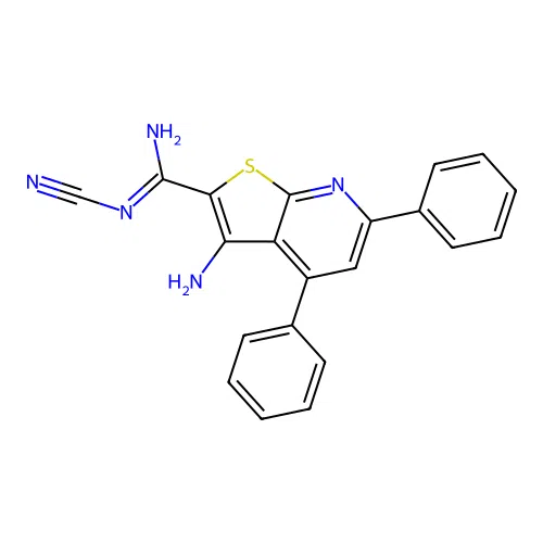 3-amino-N'-cyano-4,6-diphenylthieno[2,3-b]pyridine-2-carboximidamide structure