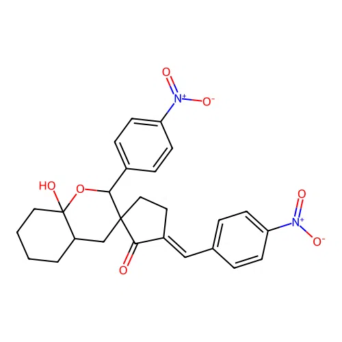 (3'E)-8a-hydroxy-3'-(4-nitrobenzylidene)-2-(4-nitrophenyl)hexahydro-2'H,4H-spiro[chromene-3,1'-cyclopentan]-2'-one structure