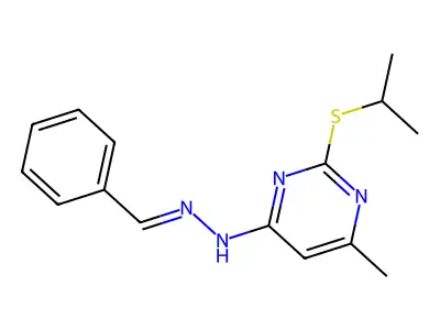 N-(benzylideneamino)-6-methyl-2-propan-2-ylsulfanylpyrimidin-4-amine structure