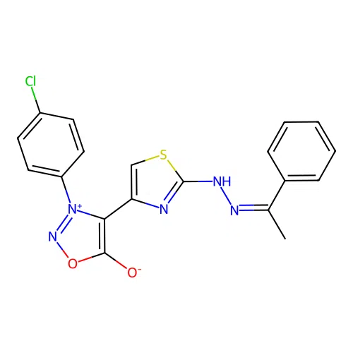 3-(4-Chlorophenyl)-5-hydroxy-4-((2-alpha-benzylidenehydrazino)-4-thiazolyl)-1,2,3-oxadiazolium structure