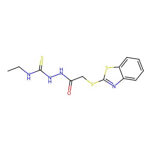 2-benzothiazol-2-ylthio-N-{[(ethylamino)thioxomethyl]amino}acetamide structure