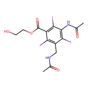 Benzoic acid, 3-acetamido-5-acetamidomethyl-2,4,6-triiodo-, 2-hydroxyethyl ester structure