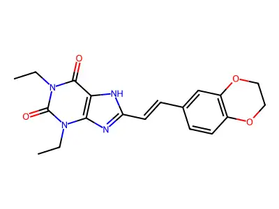 8-[2-(2,3-dihydro-1,4-benzodioxin-6-yl)ethenyl]-1,3-diethyl-7H-purine-2,6-dione structure