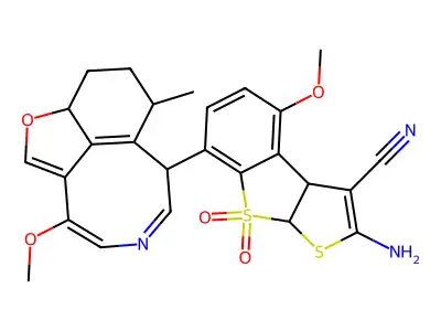 Thieno(2,3-b)(1)benzothiophene-3-carbonitrile, 3a,8a-dihydro-2-amino-4-methoxy-7-(10-methoxy-5-methyl-4,5,6,7-tetrahydro-3H-furo(4,3,2-fg)(3)benzazocin-6-yl)-, 8,8-dioxide structure