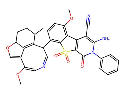 (1)Benzothieno(2,3-c)pyridine-4-carbonitrile, 1,2-dihydro-3-amino-5-methoxy-8-(10-methoxy-5-methyl-4,5,6,7-tetrahydro-3H-furo(4,3,2-fg)(3)benzazocin-6-yl)-1-oxo-2-phenyl-, 9,9-dioxide structure