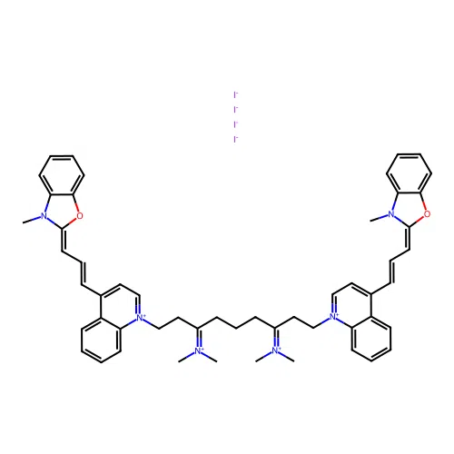 [7-Dimethylazaniumylidene-1-[4-[(E,3Z)-3-(3-methyl-1,3-benzoxazol-2-ylidene)prop-1-enyl]quinolin-1-ium-1-yl]-9-[4-[(E,3E)-3-(3-methyl-1,3-benzoxazol-2-ylidene)prop-1-enyl]quinolin-1-ium-1-yl]nonan-3-ylidene]-dimethylazanium;tetraiodide structure