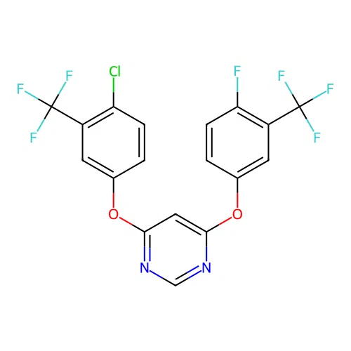 4-[4-chloro-3-(trifluoromethyl)phenoxy]-6-[4-fluoro-3-(trifluoromethyl)phenoxy]pyrimidine structure