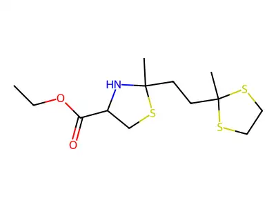 4-Thiazolidinecarboxylic acid, 2-methyl-2-(2-(2-methyl-1,3-dithiolan-2-yl)ethyl)-, ethyl ester structure