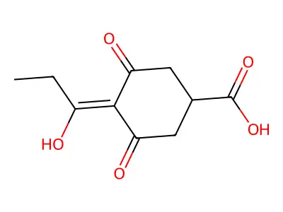 3-Hydroxy-5-oxo-4-propionylcyclohex-3-enecarboxylic acid structure
