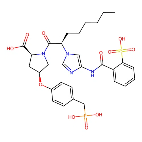 (2S,4S)-4-[4-(phosphonomethyl)phenoxy]-1-[(2R)-2-[4-(2-sulfobenzamido)-1H-imidazol-1-yl]octanoyl]pyrrolidine-2-carboxylic acid structure