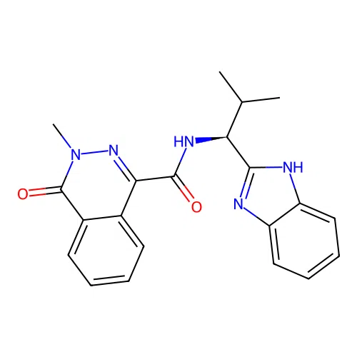 N-[(1S)-1-(1H-benzimidazol-2-yl)-2-methylpropyl]-3-methyl-4-oxophthalazine-1-carboxamide structure
