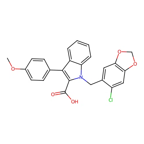 1-(2-chloro-4,5-methylenedioxybenzyl)-3-(4-methoxyphenyl)indole-2-carboxylic acid structure