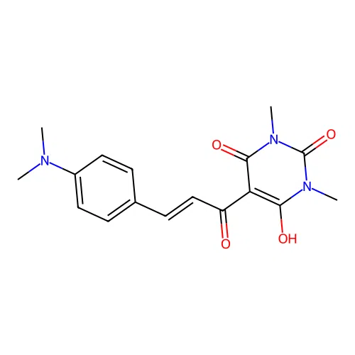 5-[(E)-3-(4-dimethylaminophenyl)prop-2-enoyl]-6-hydroxy-1,3-dimethylpyrimidine-2,4-dione structure