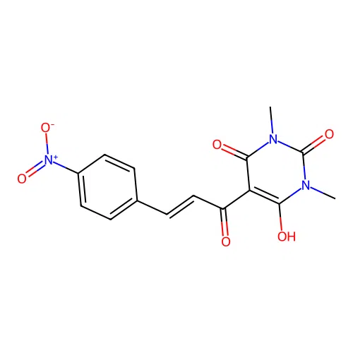 (E)-6-hydroxy-1,3-dimethyl-5-(3-(4-nitrophenyl)acryloyl)pyrimidine-2,4(1H,3H)-dione structure