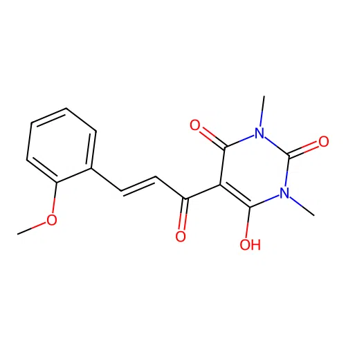 (E)-6-hydroxy-5-(3-(2-methoxyphenyl)acryloyl)-1,3-dimethylpyrimidine-2,4(1H,3H)-dione structure