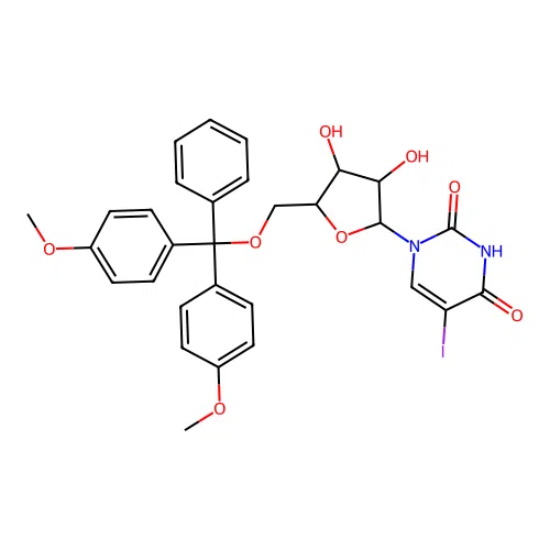 1-((2R,3R,4S,5R)-5-((Bis(4-methoxyphenyl)(phenyl)methoxy)methyl)-3,4-dihydroxytetrahydrofuran-2-yl)-5-iodopyrimidine-2,4(1H,3H)-dione structure