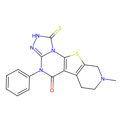 1-Mercapto-8-methyl-4-phenyl-6,7,8,9-tetrahydro-4H-10-thia-2,3,4,8,10b-pentaaza-cyclopenta[a]fluore n-5-one structure