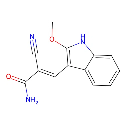 2-cyano-3-(2-methoxy-1H-indol-3-yl)prop-2-enamide structure