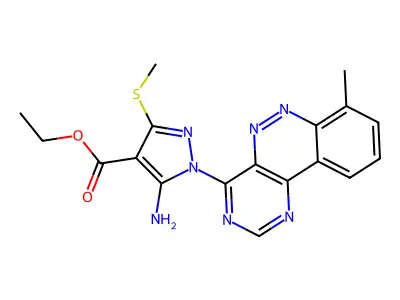 1H-Pyrazole-4-carboxylic acid, 5-amino-1-(7-methylpyrimido(5,4-c)cinnolin-4-yl)-3-(methylthio)-, ethyl ester structure