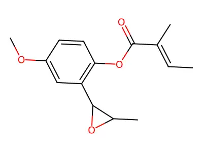2-Butenoic acid, 2-methyl-, 4-methoxy-2-(3-methyloxiranyl)phenyl ester structure
