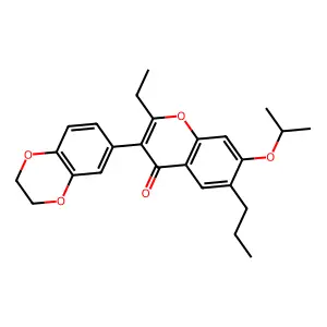 3-(2,3-dihydrobenzo[b][1,4]dioxin-6-yl)-2-ethyl-7-isopropoxy-6-propyl-4H-chromen-4-one structure