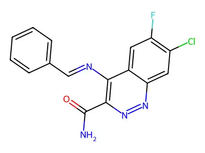 7-Chloro-6-fluoro-4-((phenylmethylene)amino)-3-cinnolinecarboxamide structure