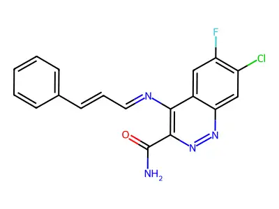 7-Chloro-4-(cinnamylideneamino)-6-fluorocinnoline-3-carboxamide structure