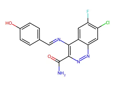 7-Chloro-6-fluoro-4-(((4-hydroxyphenyl)methylene)amino)-3-cinnolinecarboxamide structure