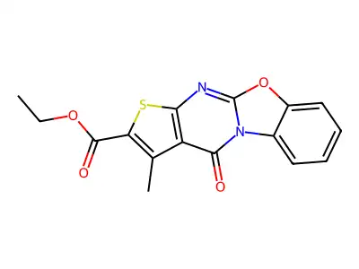 4H-Thieno(2',3':4,5)pyrimido(2,1-b)benzoxazole-2-carboxylic acid, 3-methyl-4-oxo-, ethyl ester structure