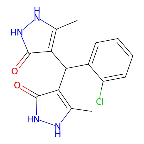 4,4'-[(2-chlorophenyl)methanediyl]bis(3-methyl-1H-pyrazol-5-ol) structure