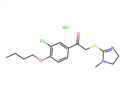 Acetophenone, 4'-butoxy-3'-chloro-2-((1-methyl-2-imidazolin-2-yl)thio)-, monohydrochloride structure