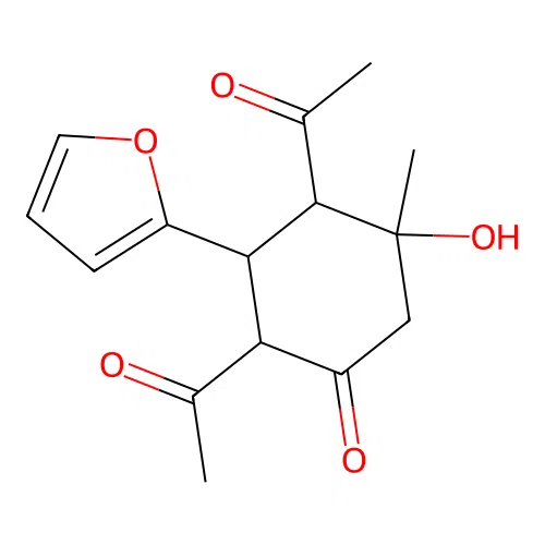1,1'-(2-(Furan-2-yl)-4-hydroxy-4-methyl-6-oxocyclohexane-1,3-diyl)diethanone structure