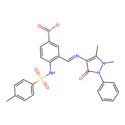 (E)-N-(2-(((1,5-dimethyl-3-oxo-2-phenyl-2,3-dihydro-1H-pyrazol-4-yl)imino)methyl)-4-nitrophenyl)-4-methylbenzenesulfonamide structure