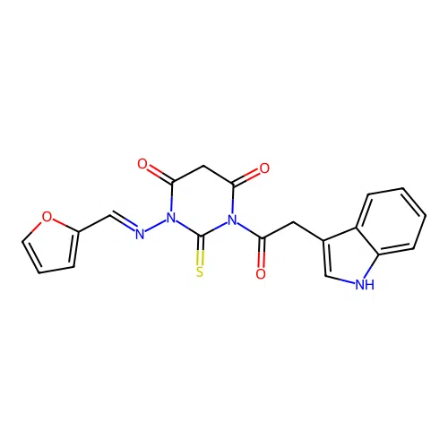 1-(Furfurylideneamino)-3-(3-indolylacetyl)-2-thiobarbituric acid structure