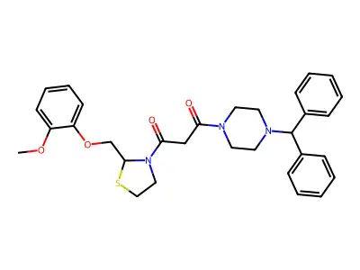 Piperazine, 1-(diphenylmethyl)-4-(3-(2-((2-methoxyphenoxy)methyl)-3-thiazolidinyl)-1,3-dioxopropyl)- structure