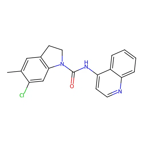 6-chloro-5-methyl-N-quinolin-4-yl-2,3-dihydroindole-1-carboxamide structure